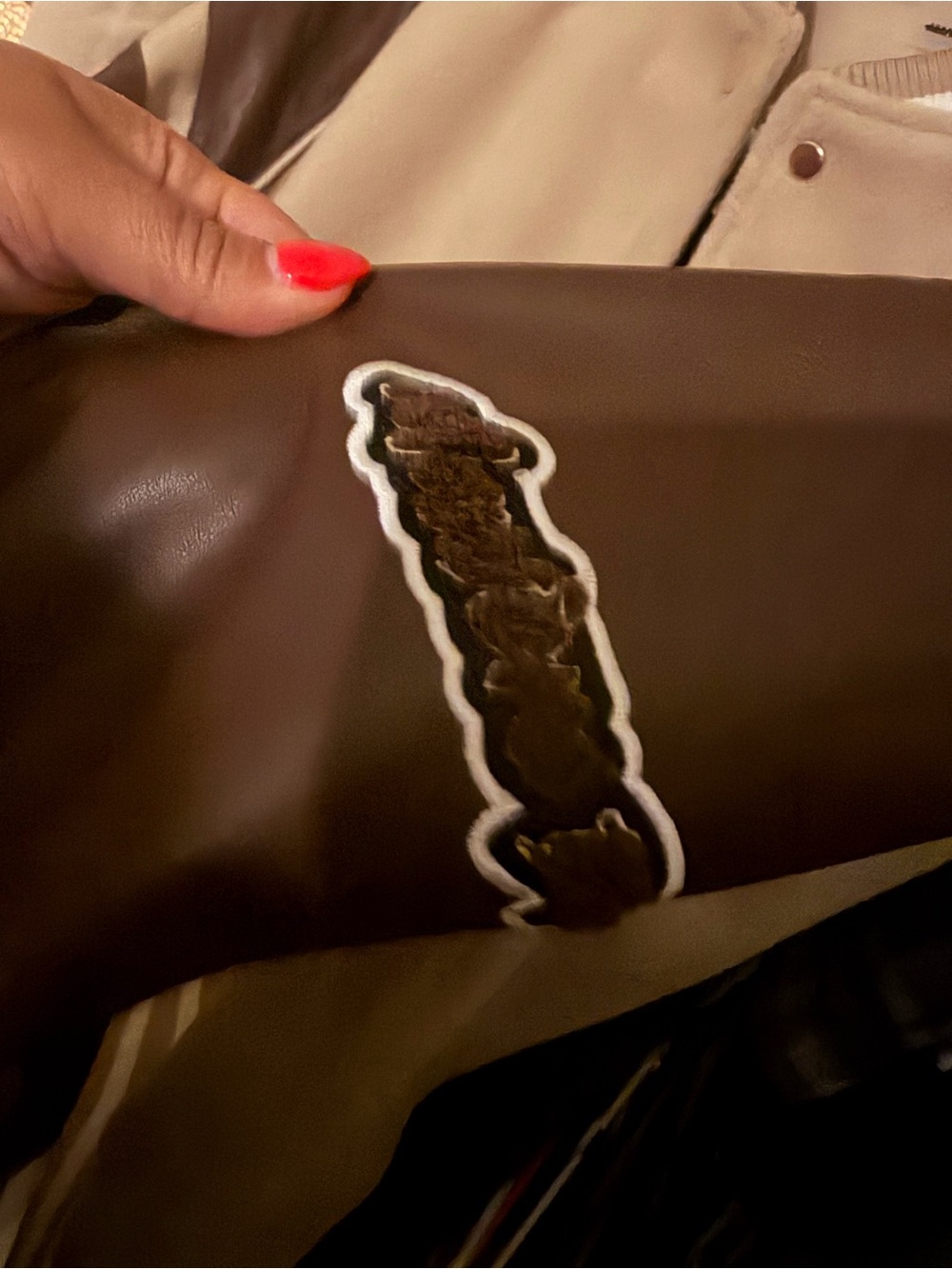 Maniere De Voir Beige and Brown Varsity Bomber Jacket - Picture 3 of 5